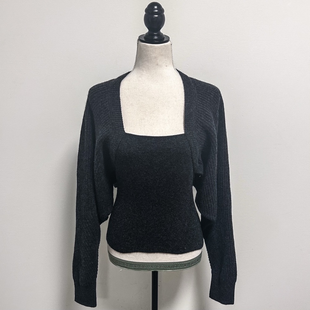 Naadam Black Dark Gray Ribbed Dolman Sleeve Fisherman Cashmere Wool Layered Back